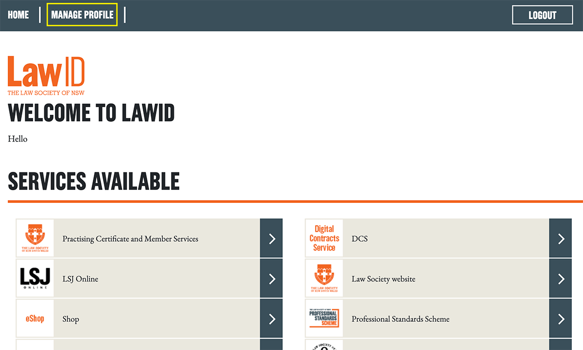 Screenshot of the LawID portal with the Manage Profile menu item highlighted by a yellow box